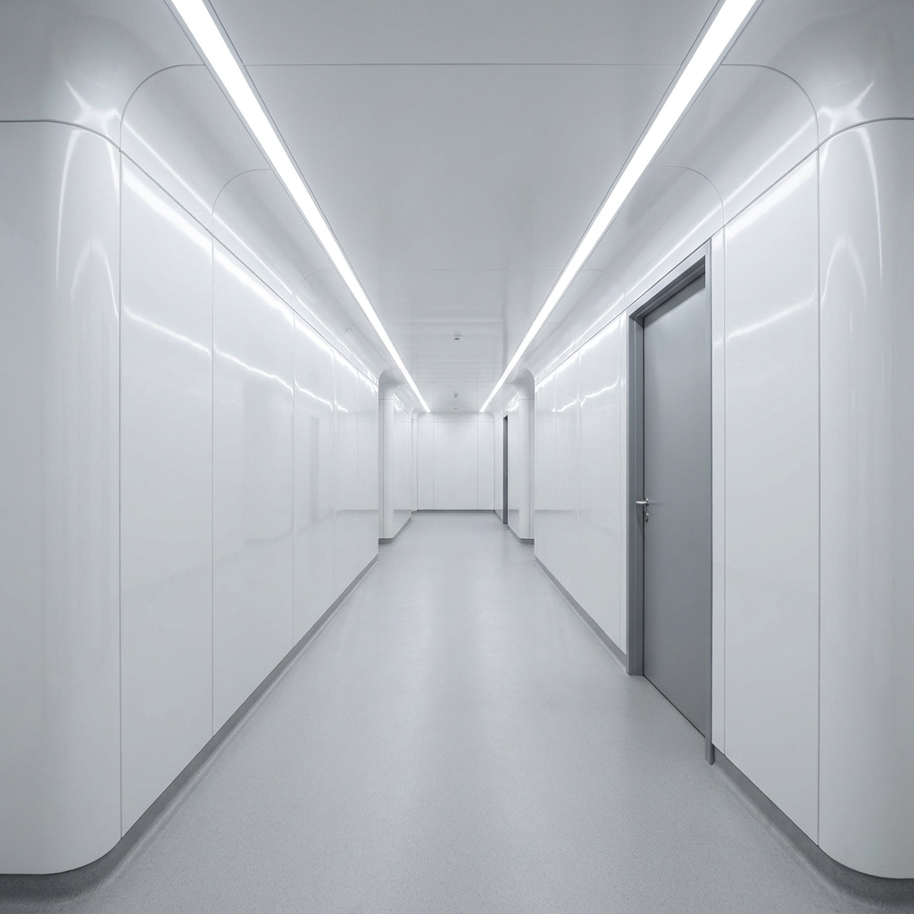 Coridor de spital sau clinică cu plăci antibacteriene albe lucioase