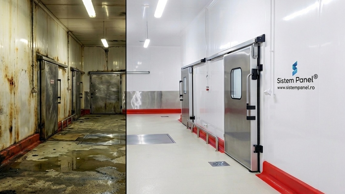 Detaliu perete alb lucios placat cu plăci igienice antibacteriene Sistem Panel®
