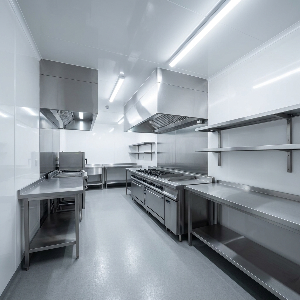 Amenajare bucătărie profesională de catering cu pereți igienici antibacterieni