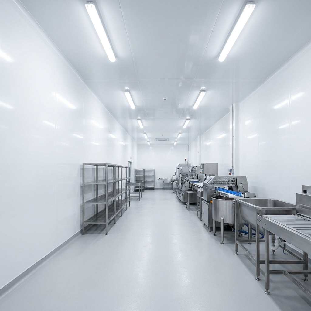 Placare igienică pereți albi în hală de producție din industria alimentară